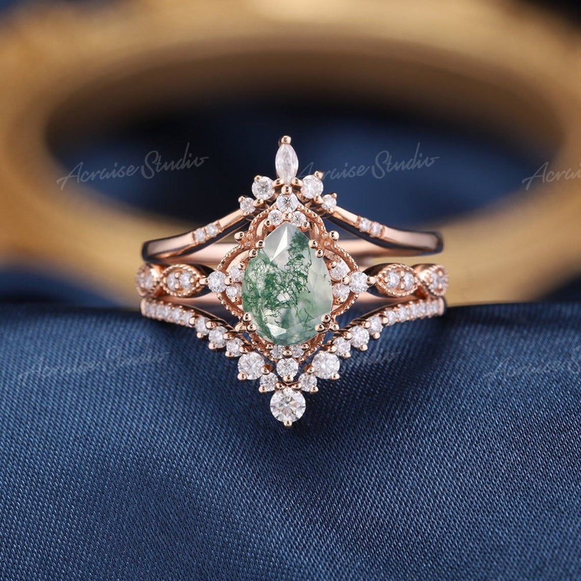Birne Moos Achat Verlobungsring Set 3 Stücke Ringe Grün Hochzeit Ring Frauen Vintage Braut Rose Gold Versprechen Für Sie von acraisejewelry