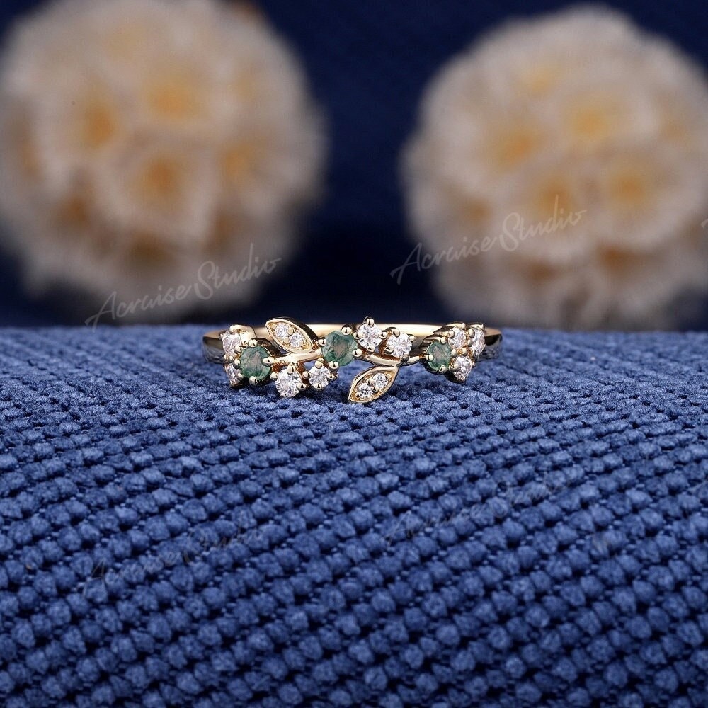 Blatt Moos Achat Verlobungsring Frauen Zierliche Ring Gold Reben Ehering Diamant Ringe Vintage Grüner Versprechen Jahrestag Geschenk von acraisejewelry
