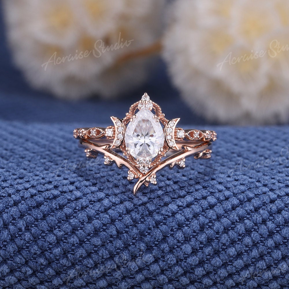 Danity Moissanite Mond Ehering Set Verlobungsring Einzigartige Thorn Hochzeitsband Rosegold Ringe Für Frauen Handgemachter Schmuck von acraisejewelry