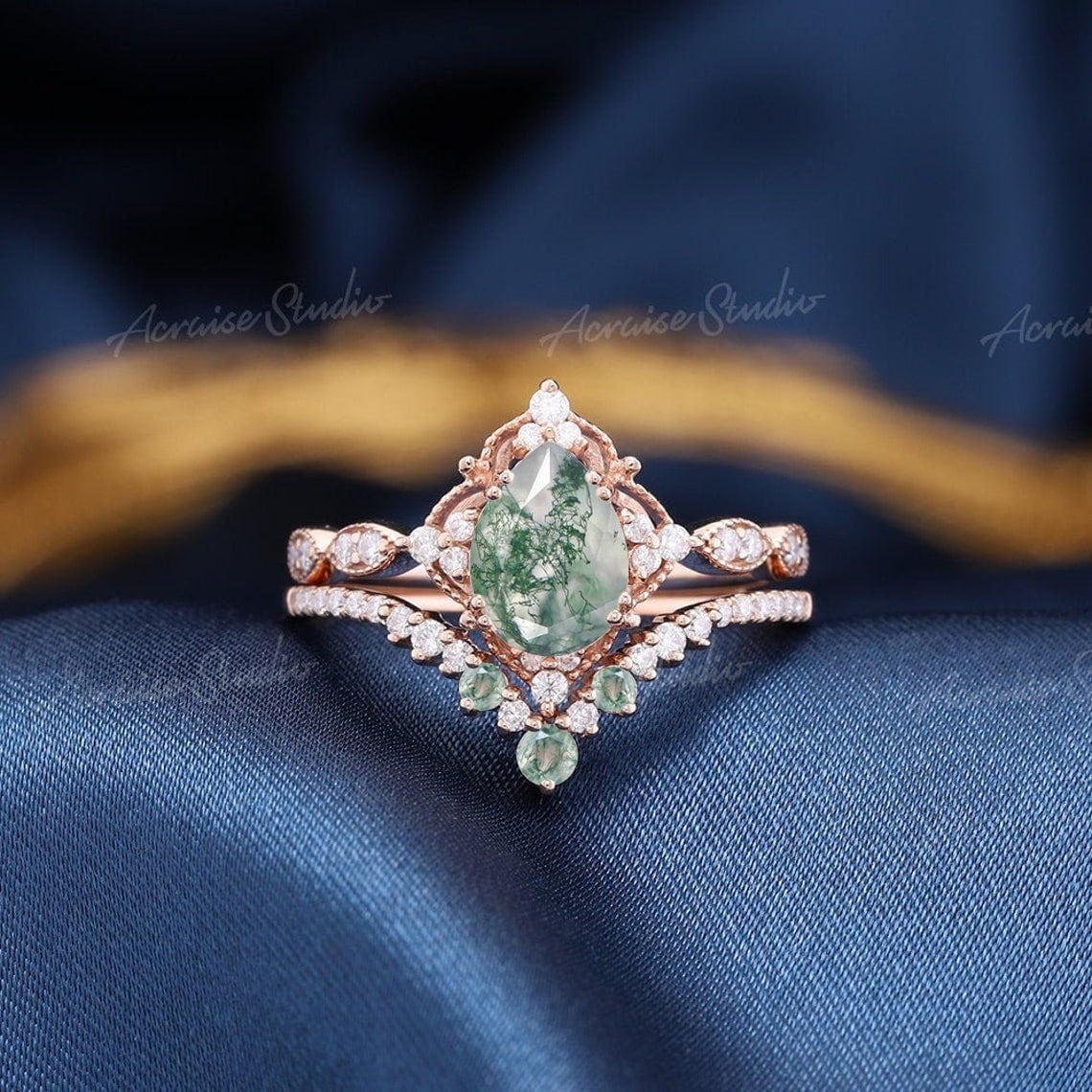 Einzigartige Moos Achat Verlobungsring Set Grüne Ringe Rose Gold Ring Vintage Hochzeit Frauen Gebogen Band 2 Stück Braut von acraisejewelry
