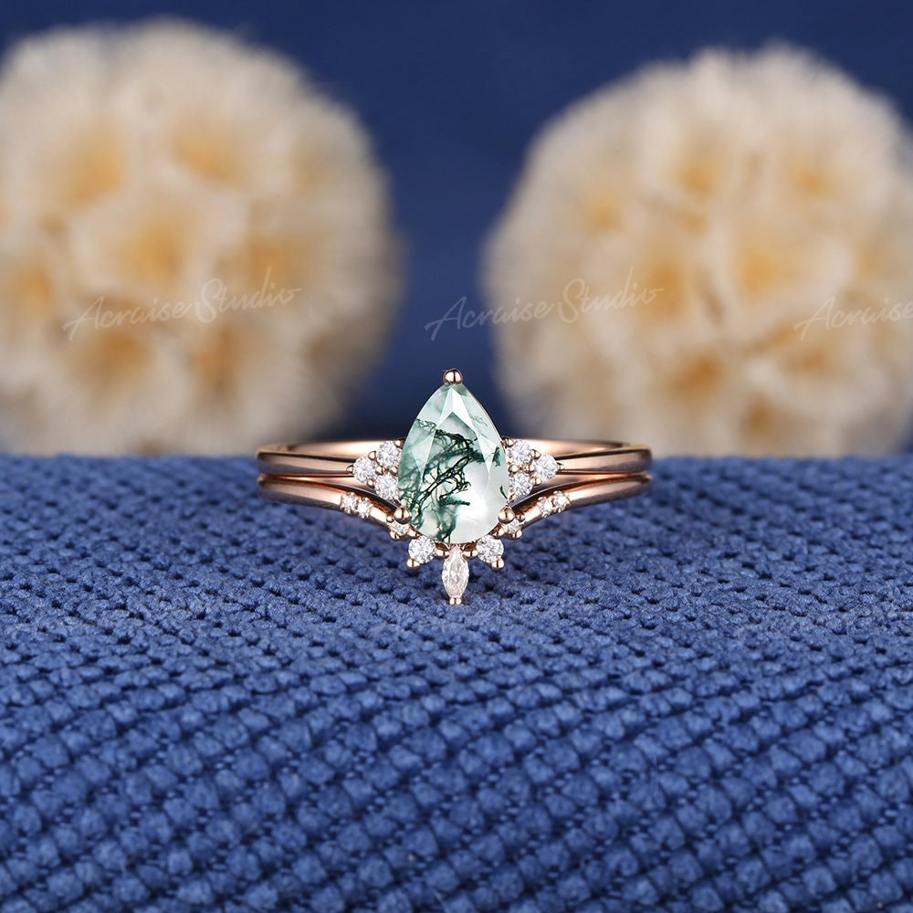 Einzigartiger Moos Achat Verlobungsring Set Frau Birnenförmige Grüne Edelstein Ehering Natürliche Ringe Natur Inspiriert Braut von acraisejewelry