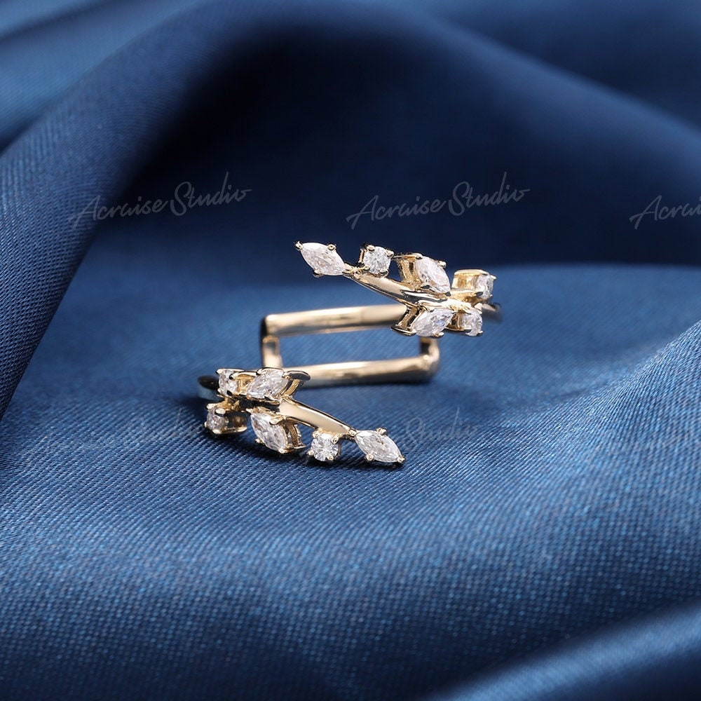 Offenes Blatt Ehering Marquise Diamant Ring Enhancer 14K Gold Ast Zarte Guard Band Unikat Passender von acraisejewelry