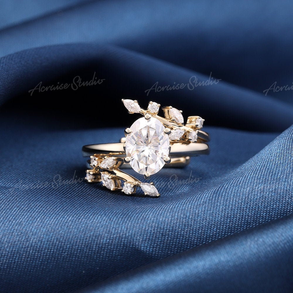 Oval Moissanite Verlobungsring Set Blatt Hochzeit Massivgold Ringe Diamant Cluster Ring Passender Open Enhancer Zweig Braut von acraisejewelry