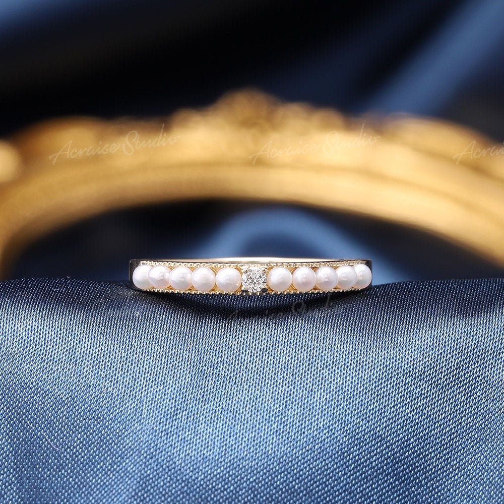 Perle Diamant Ring Gelb Gold Matching Band Echte Stapeln Zarte Zierliche Braut Hochzeit Bands Frauen von acraisejewelry