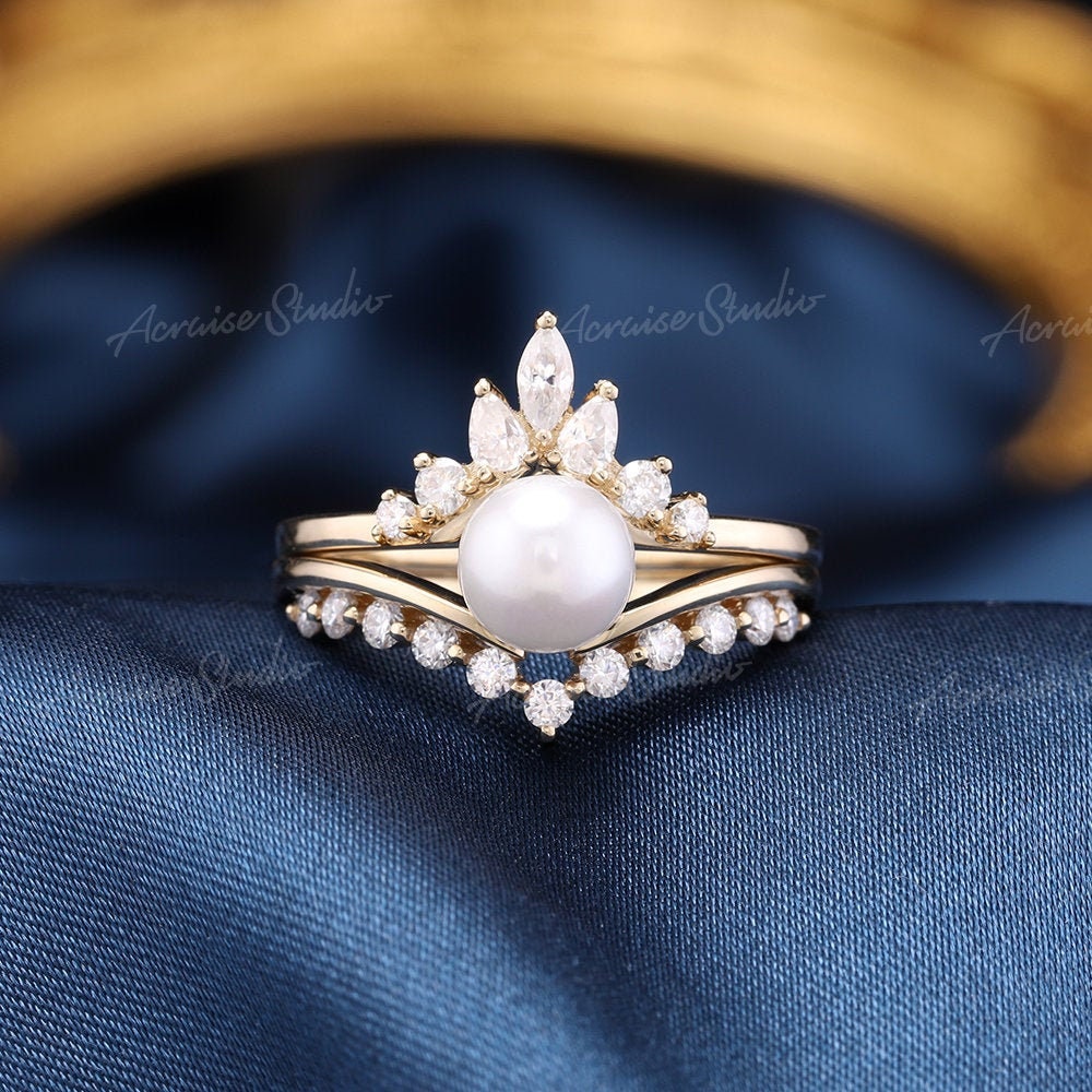 Perle Verlobungsring Set 14K Gold Einzigartige Braut Frauen Art Deco Akoya Ring Moissanite Marquise Schnitt Ehering Jubiläumsring von acraisejewelry