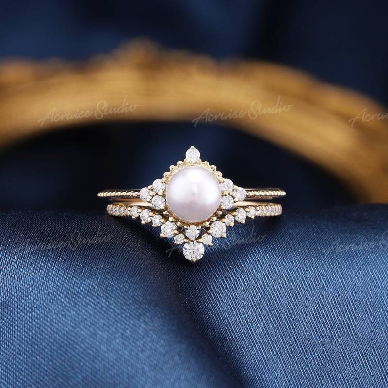 Antike Perle Verlobungsring Set Gold Eheringe Für Frauen Diamant Gebogener Ehering Juni Birthstone Personalisiertes Geschenk Mama von acraisejewelry