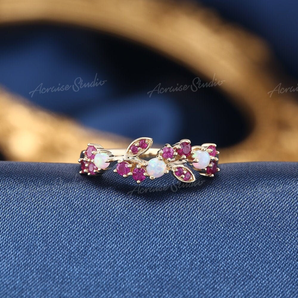Vintage Rubin Opal Verlobungsring Frauen Rose Gold Einzigartiger Blatt Ehering Zierliche Florale Ringe Antike Natürliche Ring Art Deco von acraisejewelry