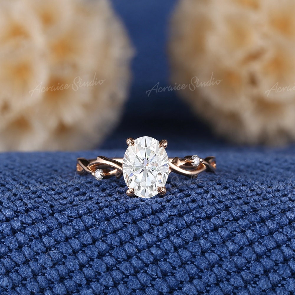 Zweig Moissanite Verlobungsring Oval Form Rose Gold 1.5Ct Diamant Twisted Ring Frauen Blatt Ehering Band Brautring von acraisejewelry