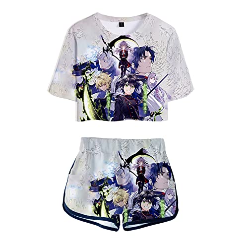 Frauen Mädchen Anime Seraph of The end 3D Kurzes T-Shirt Set Hiiragi Shinoa Cheerleader Uniform Kurzarm Sweatshirt Elastische Taille Shorts 2 Stück/Set von acsefire