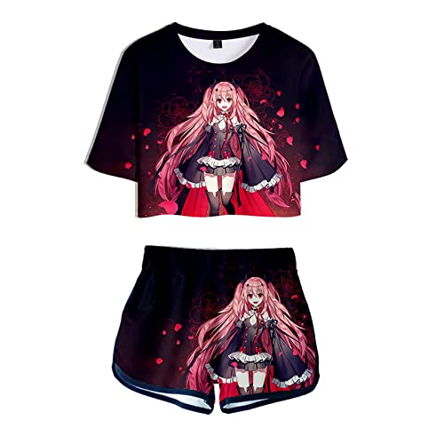 Frauen Mädchen Anime Seraph of The end 3D Kurzes T-Shirt Set Hiiragi Shinoa Cheerleader Uniform Kurzarm Sweatshirt Elastische Taille Shorts 2 Stück/Set von acsefire