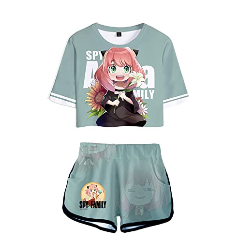 Frauen Mädchen Anime Spy x Family 3D Kurzes T-Shirt Set Anya Forger Cheerleader Uniform Kurzarm Sweatshirt Elastische Taille Shorts 2 Stück/Set von acsefire