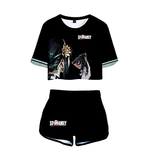 Frauen Mädchen Anime Spy x Family 3D Kurzes T-Shirt Set Anya Forger Cheerleader Uniform Kurzarm Sweatshirt Elastische Taille Shorts 2 Stück/Set von acsefire