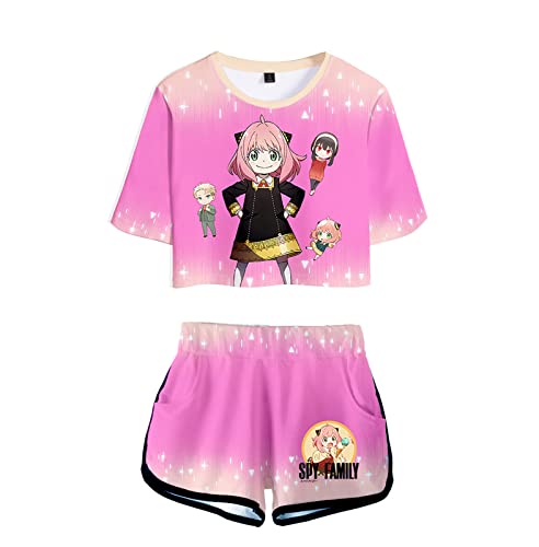 Frauen Mädchen Anime Spy x Family 3D Kurzes T-Shirt Set Anya Forger Cheerleader Uniform Kurzarm Sweatshirt Elastische Taille Shorts 2 Stück/Set von acsefire