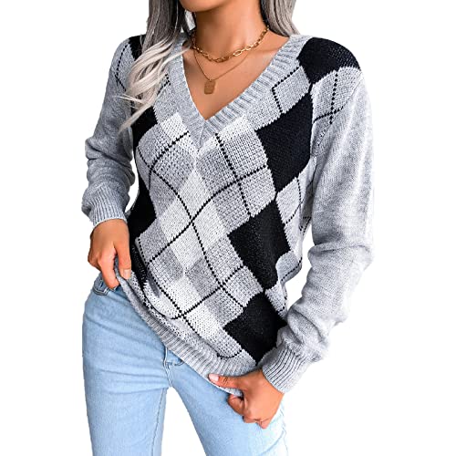 acsefire Damen Preppy Argyle Plaid Pullover Lässige Langarm V-Ausschnitt Kintted Pullover Pullover Kintwear von acsefire