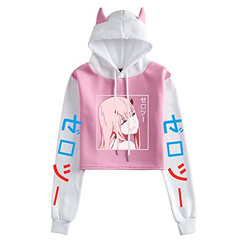 acsefire Damen Teen Mädchen Langarm Tops Darling In The Franxx Bedruckte Clashing Katzenohren Kurzer Hoodie Pullover Sweatshirt Anime Zero Two Cosplay Kostüme von acsefire