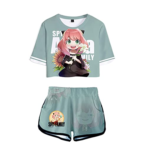 acsefire Frauen Mädchen Anime Spy x Family 3D Kurzes T-Shirt Set Anya Forger Cheerleader Uniform Kurzarm Sweatshirt Elastische Taille Shorts 2 Stück/Set von acsefire