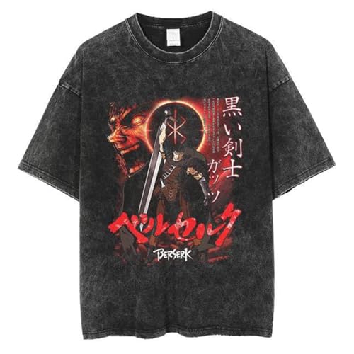 Gewaschenes Retro Tide T-Shirt Sommer Neue Berserk Anime Druck lose Kurzarm T-Shirt tun alte Tops von acsewater