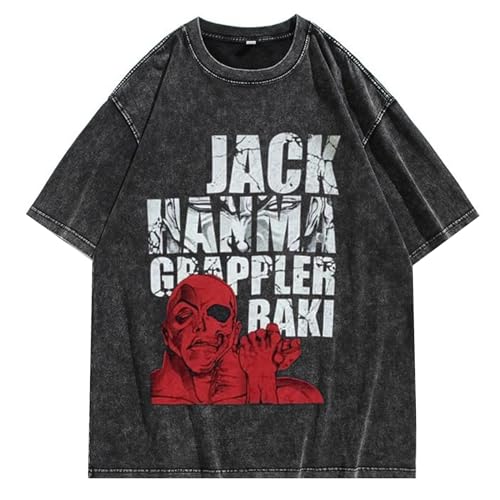 Washed Aged Vintage Kurzarm T-Shirt Anime Hanma Baki Jack Hanma Baumwolle Kurzarm von acsewater