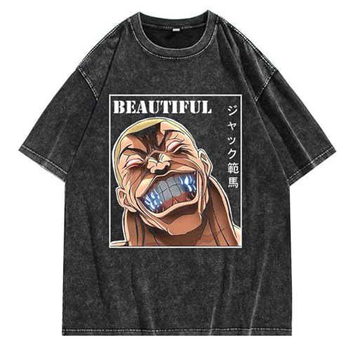 Washed Aged Vintage Kurzarm T-Shirt Anime Hanma Baki Jack Hanma Baumwolle Kurzarm von acsewater