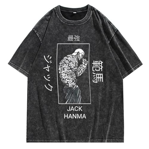 Washed Aged Vintage Kurzarm T-Shirt Anime Hanma Baki Jack Hanma Baumwolle Kurzarm von acsewater