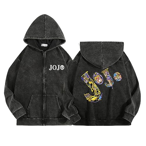 acsewater Unisex Anime Reißverschluss-Sweatshirt JoJo's Bizarre Adventure Langarm Kapuzenpullover im Retro-Stil Kujo Jotaro Strickjacke für JoJo Fans von acsewater