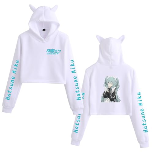 acsewater Vocaloid Hatsune Miku Cat Ear Crop Hoodie Japan Hot Singer Hatsune Miku Pattern Crop Top Cute Short Top with Exposed Neckline for Girls von acsewater