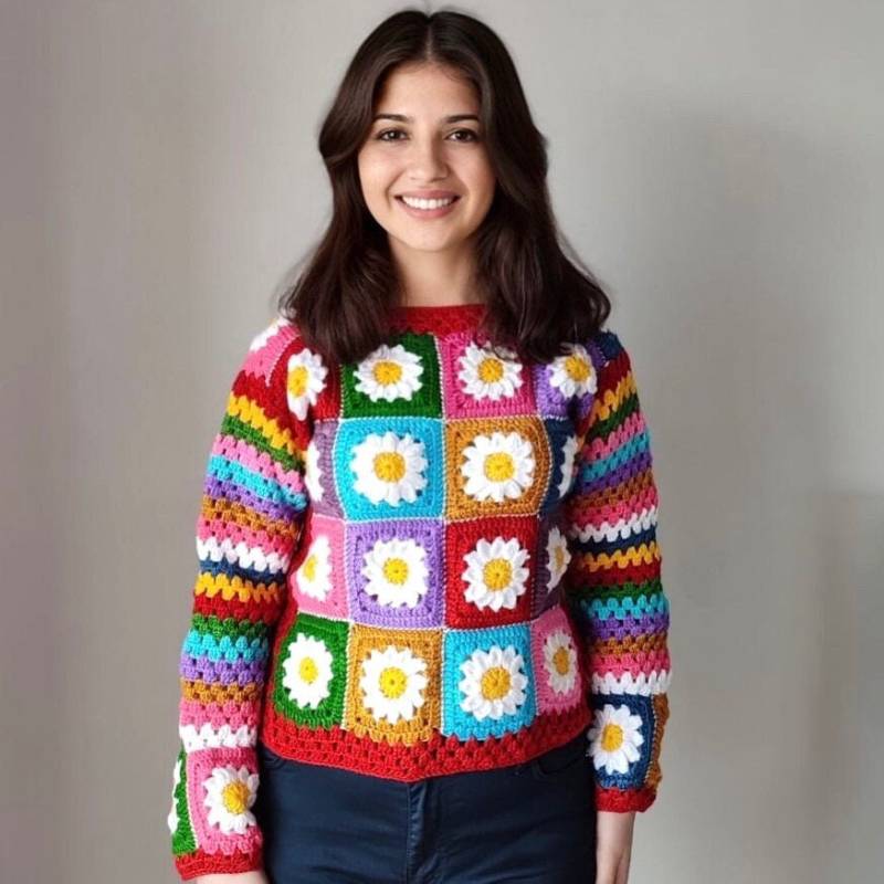Handgemachte Häkeln Daisy Grandma Square Wollpullover von acuncrochet