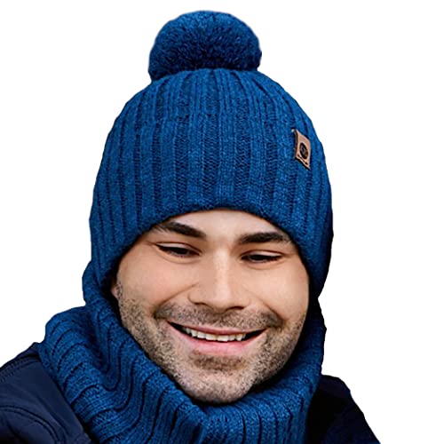 Herren Winterset Mütze Wintermütze Strickmütze Bommelmütze Wollmütze mit Wolle Loopschal Loop blau Farbe Blau von adelleo