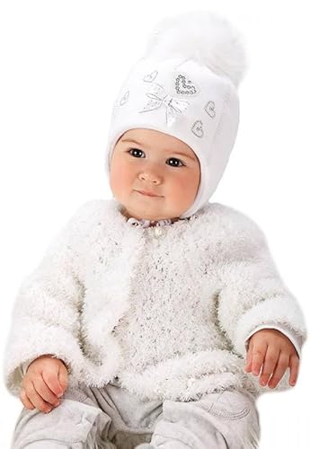 adelleo Mädchen Baby Wintermütze Taufmütze gefüttert Mütze Taufe Bommel Schleife Strasssteine ab 3 Monate bis 6 Monate Weiß Größe 44 von adelleo