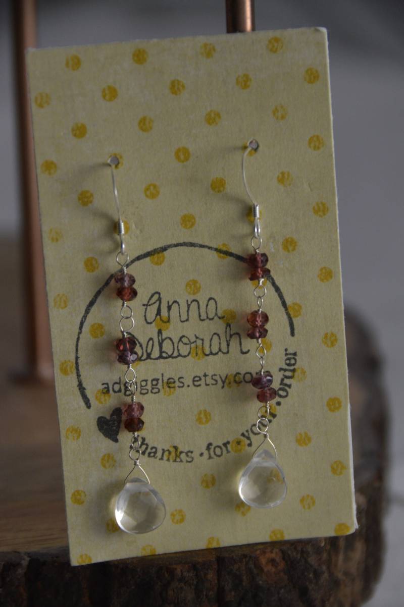 Granat Rondelle & Quartz Briolette Ohrringe. Sterling Silber, Drahtgewickelte Ohrringe, Lange Tropfen, Edelstein Januar Geburtsstein von adgiggles