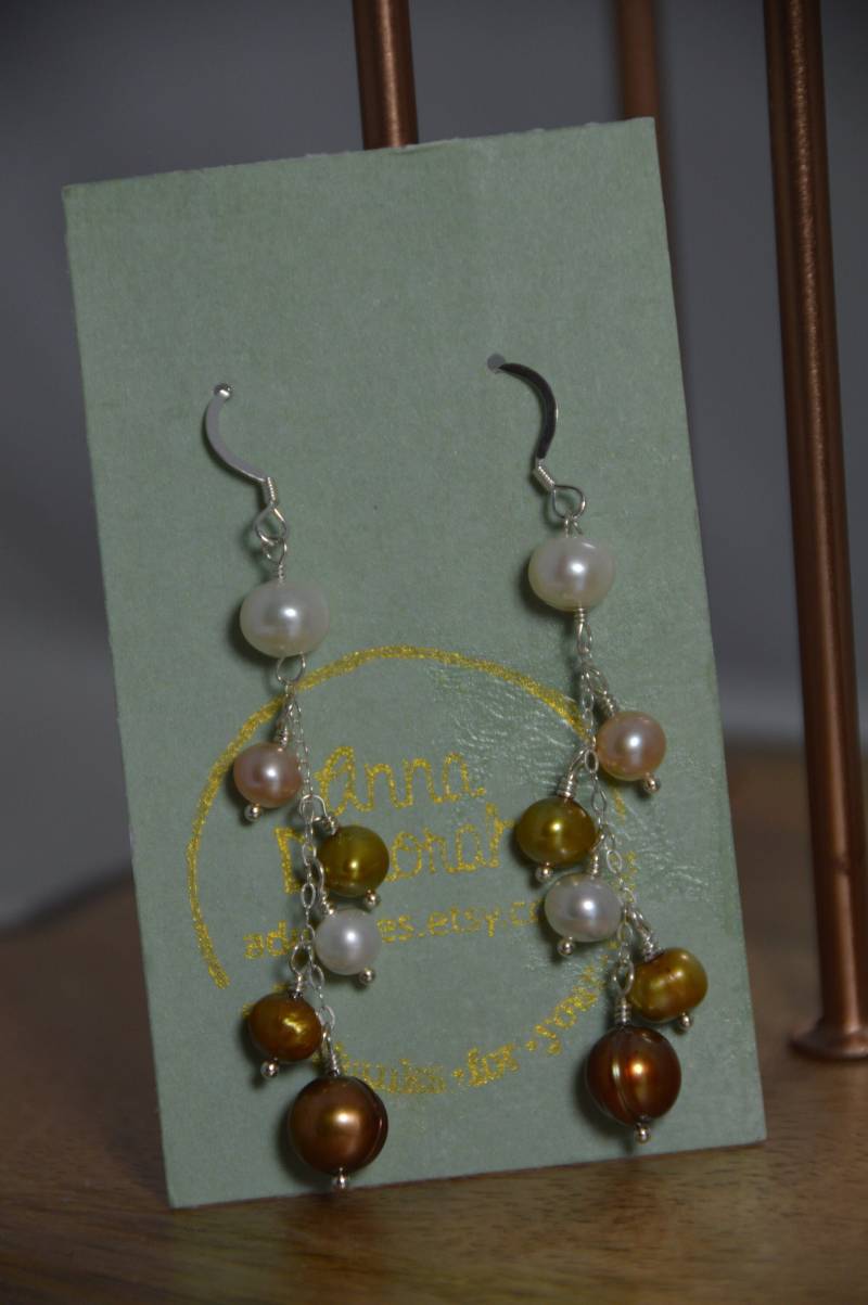 Ohrringe Mit Süßwasserperlen in Blassrosa, Bronze, Braun & Gold. Sterling Silber, Draht Gewickelt, Cluster, Lange Tropfen Ohrringe, Hochzeitsschmuck von adgiggles