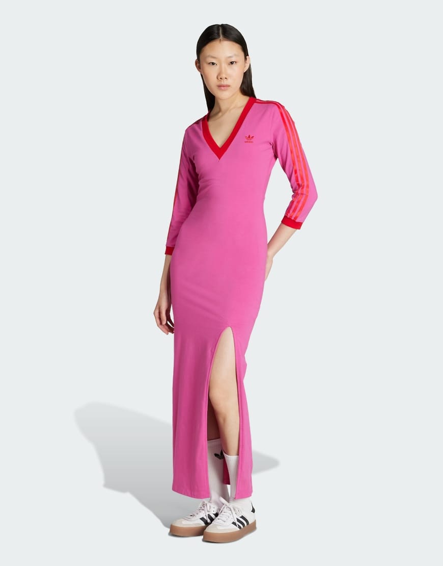adidas Originals - Adicolor Classics - Maxikleid in Semi Lucid Fuchsia und Better Scarlet mit 3 Streifen-Rosa adidas Originals - Adicolor Classics - Maxikleid in Semi Lucid Fuchsia und Better Scarlet mit 3 Streifen-Rosa von adidas Originals