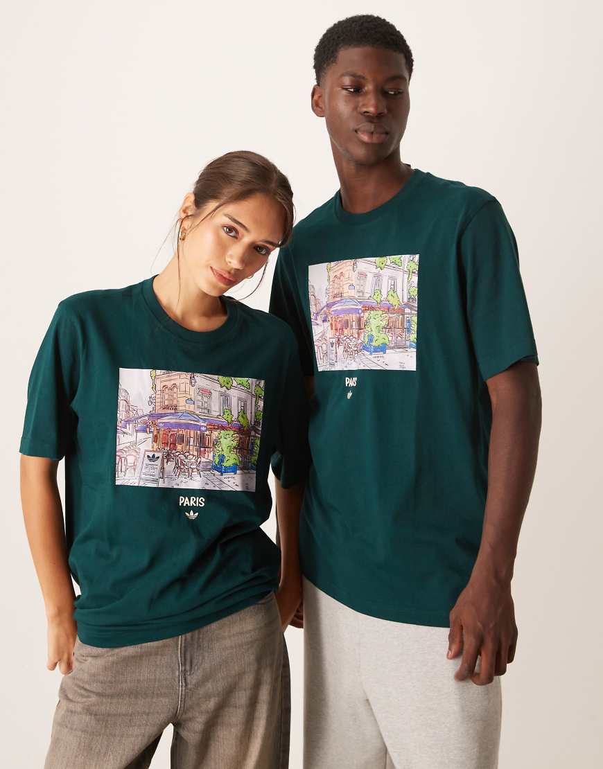 adidas Originals - T-Shirt in Dunkelgrün mit Paris-Grafikprint adidas Originals - T-Shirt in Dunkelgrün mit Paris-Grafikprint von adidas Originals