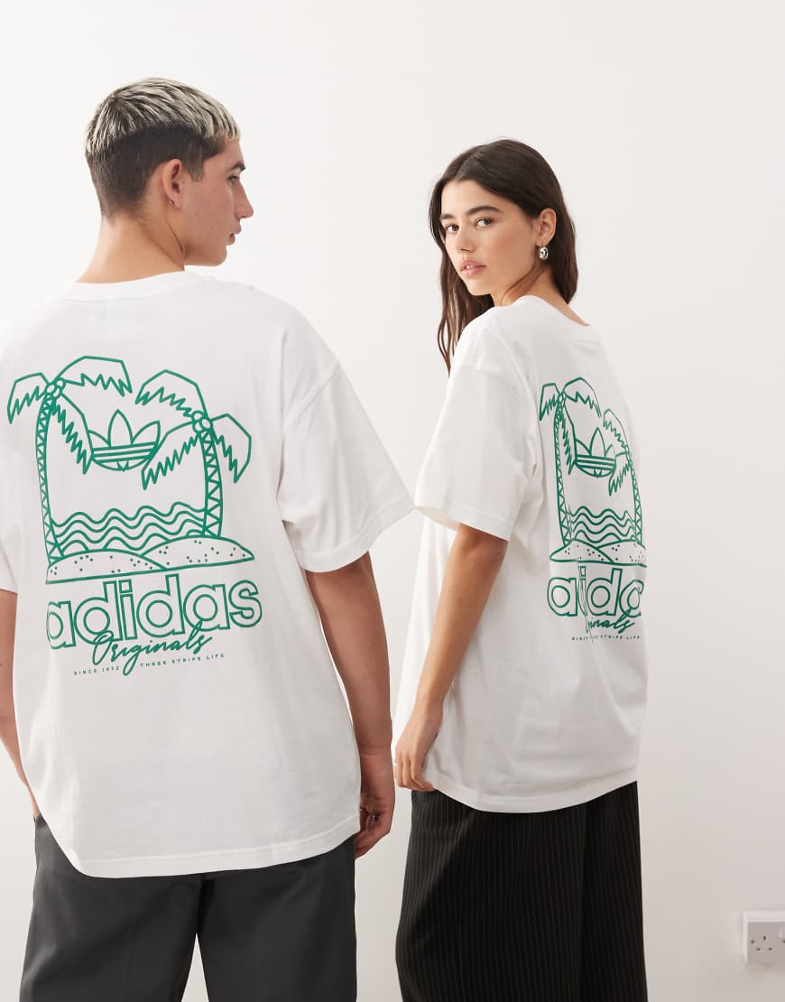 adidas Originals - T-Shirt in Weiß mit Palmen-Rückenprint von adidas Originals