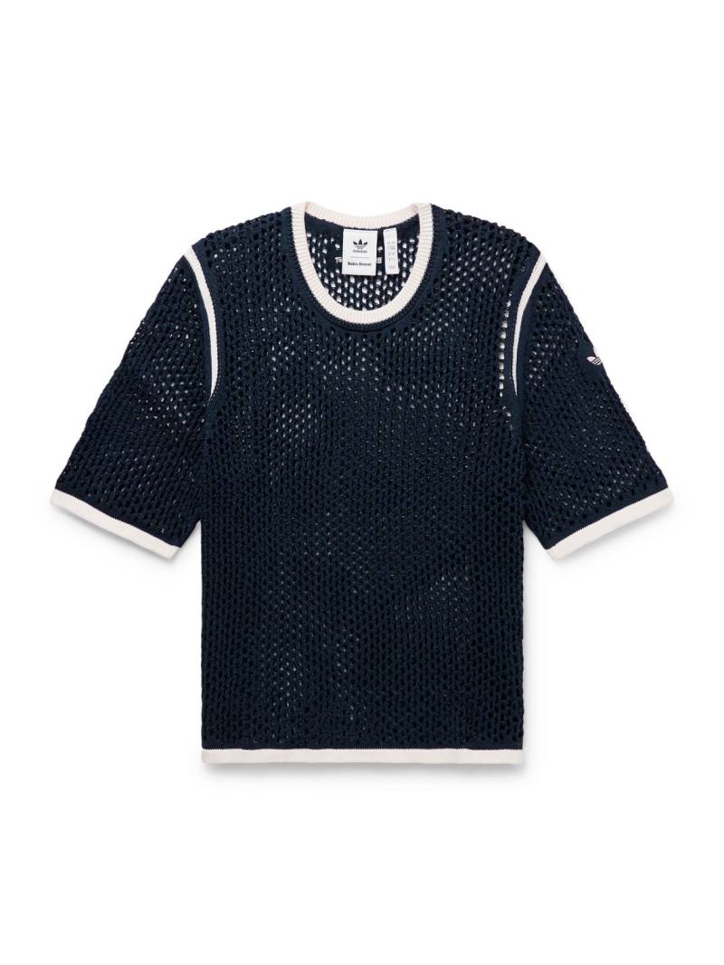 adidas Originals - Wales Bonner Logo-Embroidered Open-Knit Cotton-Blend T-Shirt - Men - Blue - L von adidas Originals