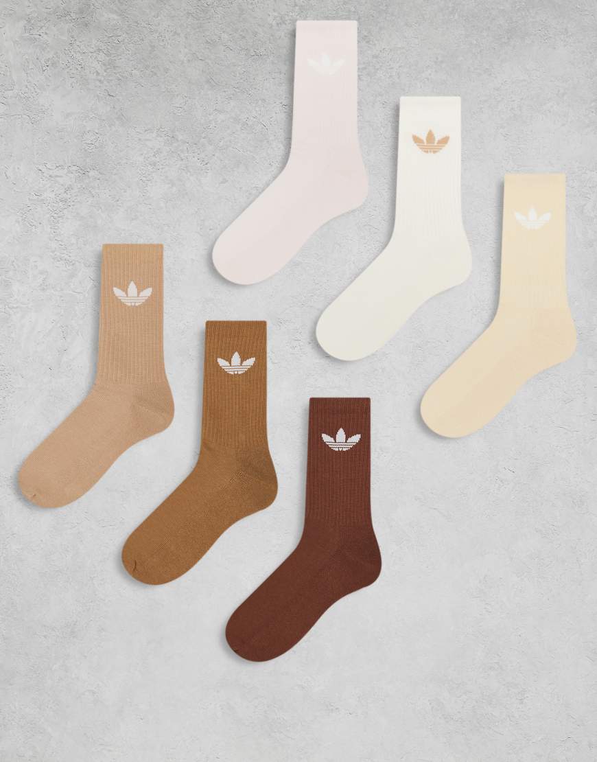 adidas Originals - adicolor Trefoil - 6er-Pack Crew-Socken in Brauntönen und Cremeweiß mit Dreiblatt-Logo von adidas Originals
