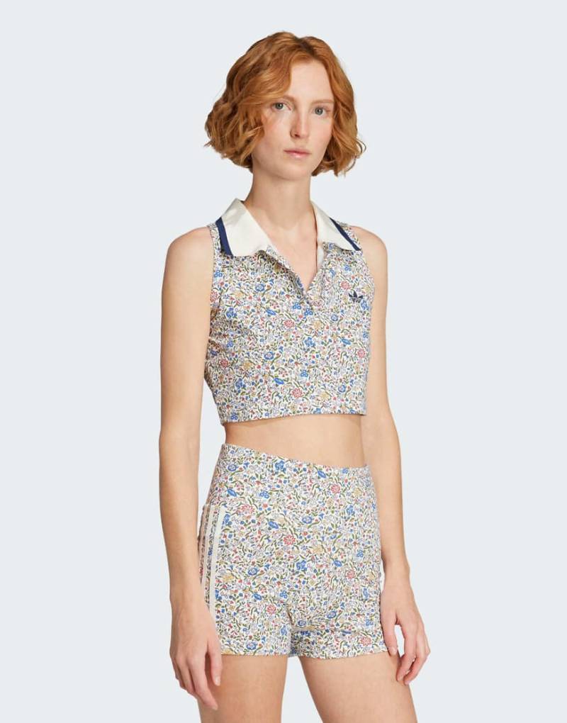 adidas Originals x Liberty London - Ärmelloses Cropped Polohemd in Off White / Semi Lucid Red-Weiß von adidas Originals