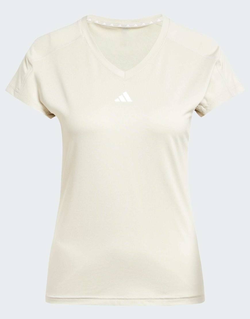 adidas Performance - Aeroready Train Essentials - T-Shirt in Beige und Weiß mit dezentem Branding und V-Ausschnitt-Neutral von adidas performance