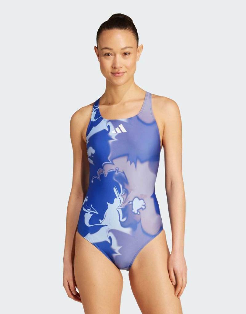 adidas Performance - Badeanzug in Semi Lucid Blue und Weiß mit Batikmuster und V-Rückenausschnitt-Blau von adidas performance