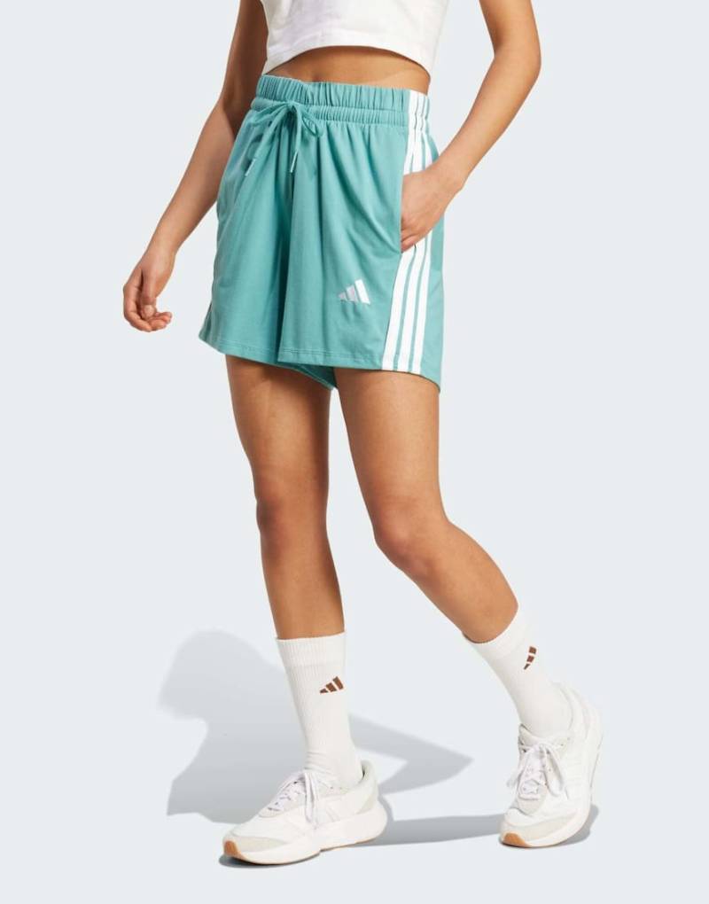 adidas Performance - Essentials - Baumwollshorts in Puderpetrol/Weiß mit 3 Streifen-Blau von adidas performance