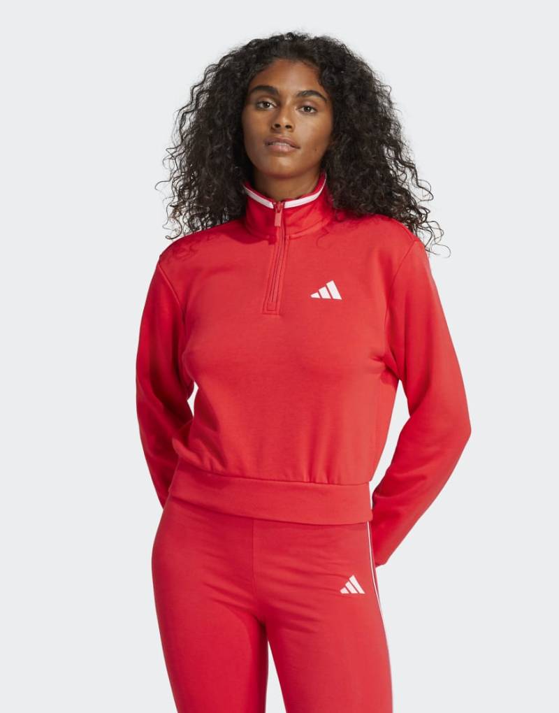 adidas Performance - Essentials - Color Pop - Cropped-Trainingsjacke aus French Terry in Pure Ruby mit kurzem Reißverschluss-Rot von adidas performance
