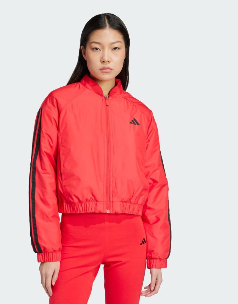 adidas Performance - Essentials - Isolierte Cropped-Bomberjacke in reinem Rubinrot mit drei Streifen von adidas performance