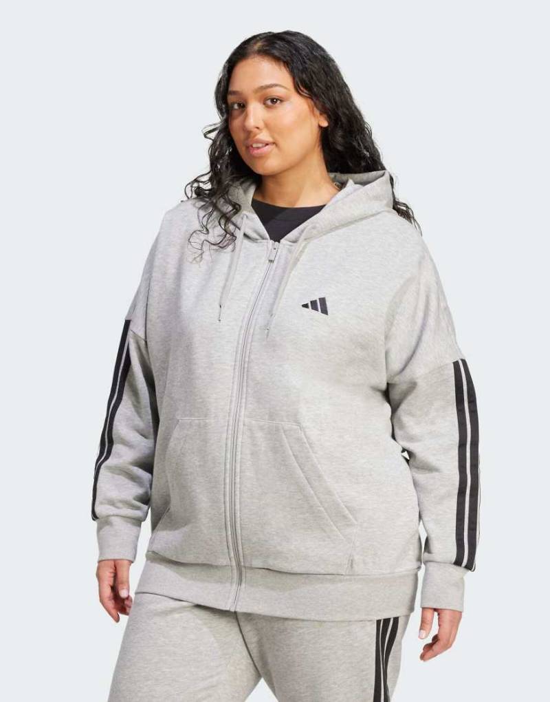 adidas Performance - Essentials - Kapuzenjacke (Plus-Size) aus Fleece in mittlerem Heidegrau/Schwarz mit den 3 Streifen von adidas performance