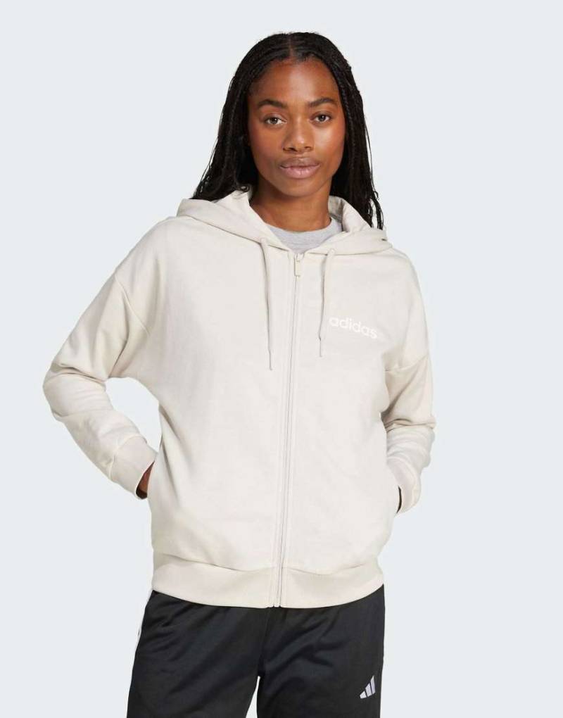 adidas Performance - Essentials - Kapuzenjacke aus Frottee in Beige/Weiß mit linearem Logo und Reißverschluss-Neutral von adidas performance