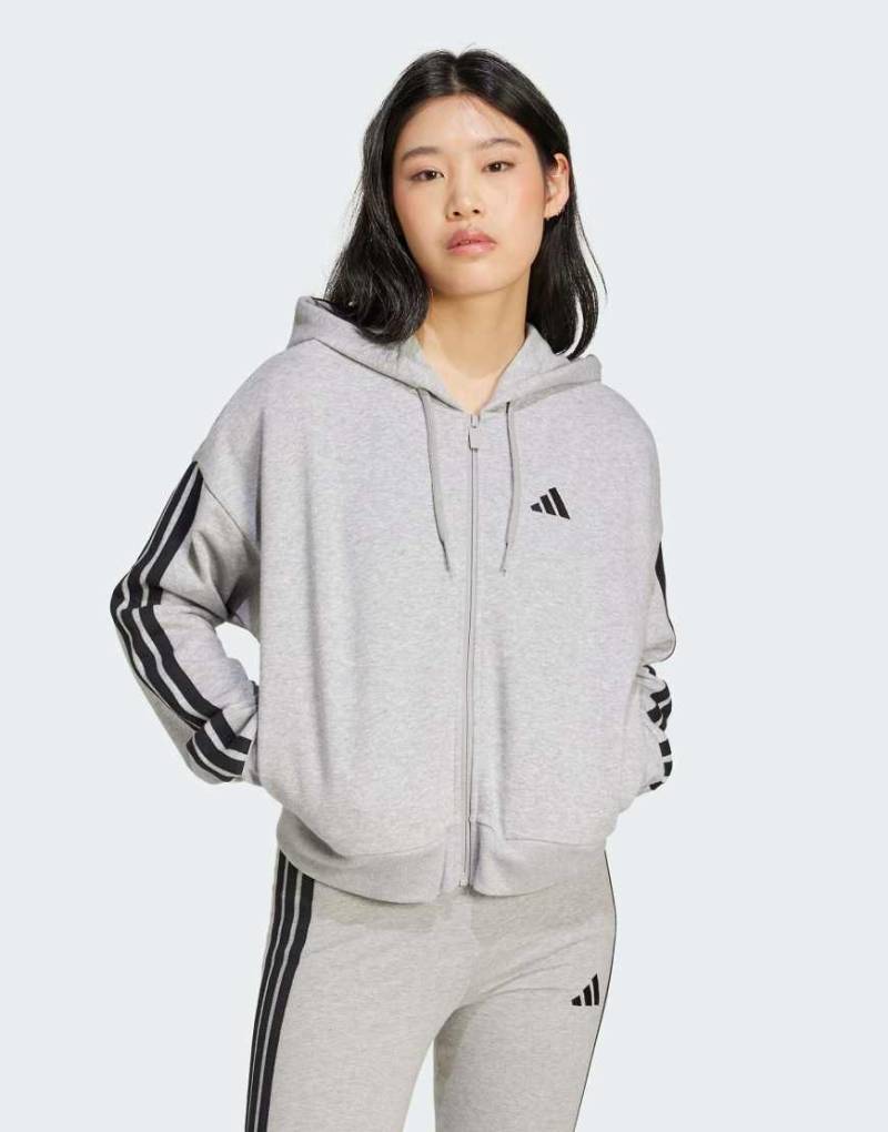 adidas Performance - Essentials - Kapuzenjacke in Mittelgrau meliert / Schwarz aus French Terry mit den 3 Streifen und Reißverschluss von adidas performance