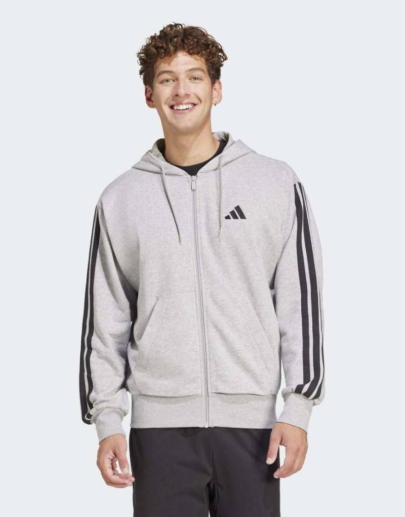 adidas Performance - Essentials - Kapuzenjacke in Mittelgrau meliert / Schwarz aus French Terry mit den 3 Streifen und Reißverschluss von adidas performance