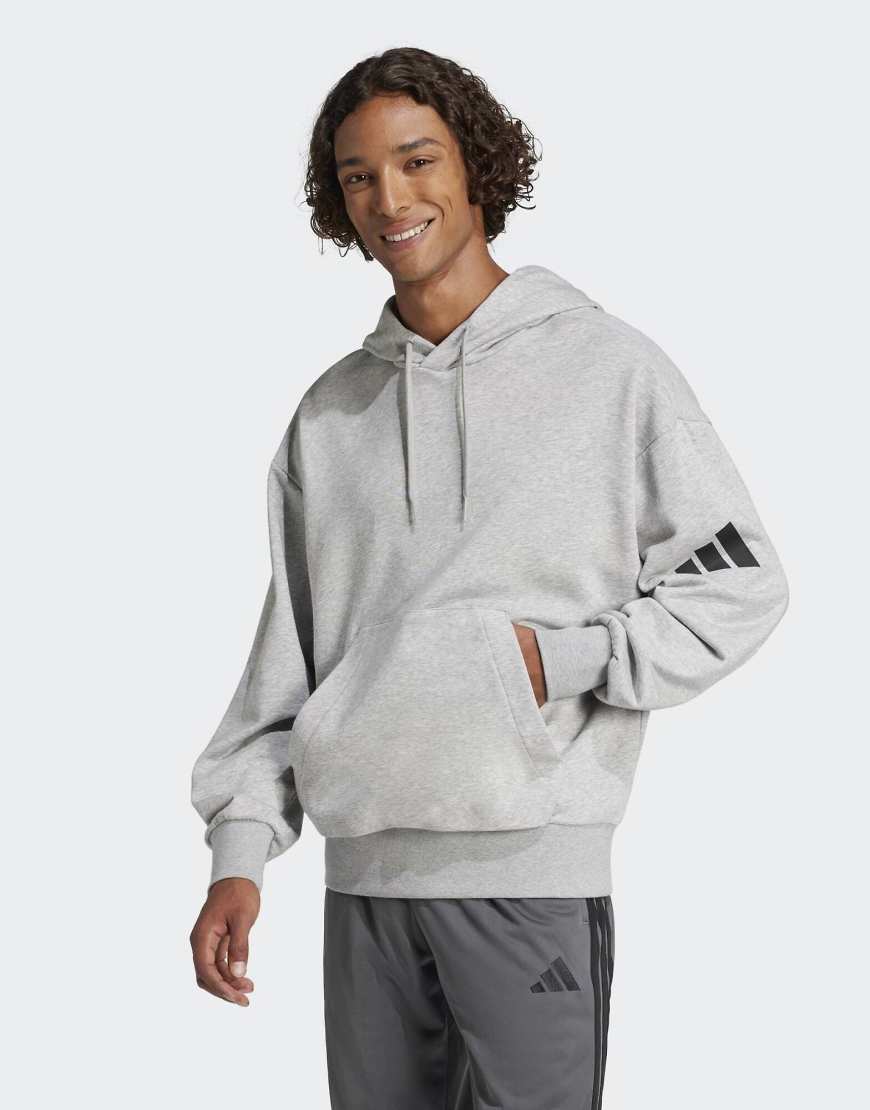 adidas Performance - Essentials - Loose-Fit-Kapuzenpullover aus French Terry in Medium Grey Heather / Schwarz mit 3-Balken-Logo-Grau von adidas performance