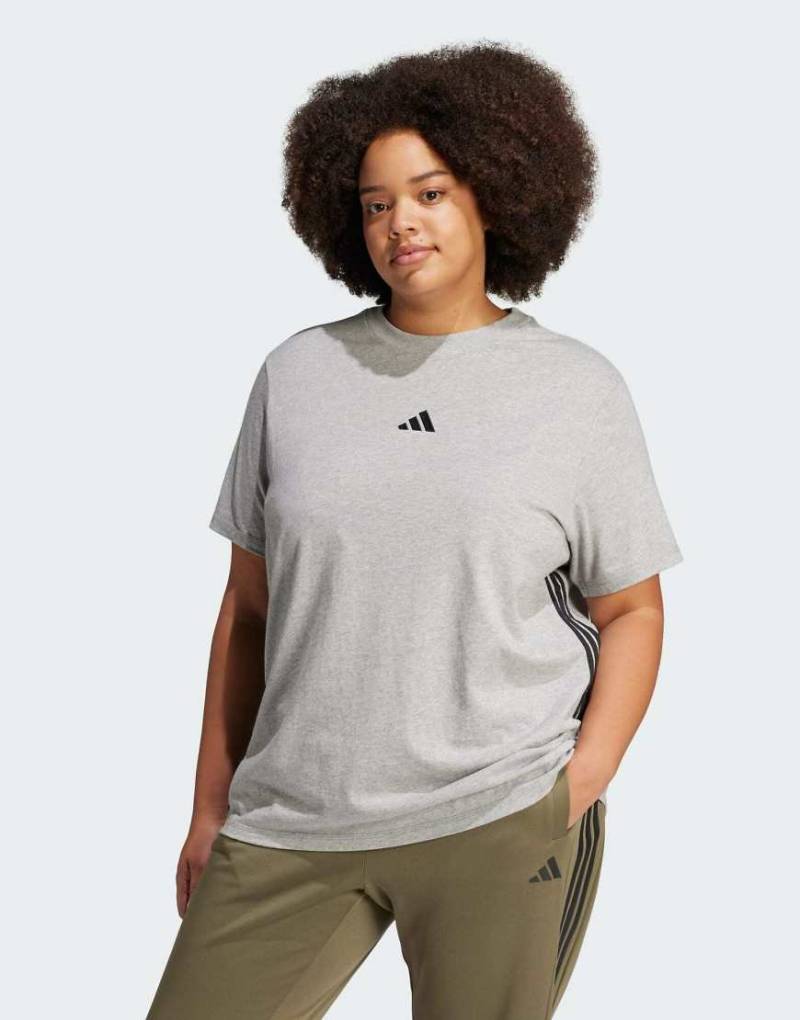 adidas Performance - Essentials - T-Shirt (Plus-Size) aus Baumwolle in mittlerem Heidegrau/Schwarz mit den 3 Streifen von adidas performance