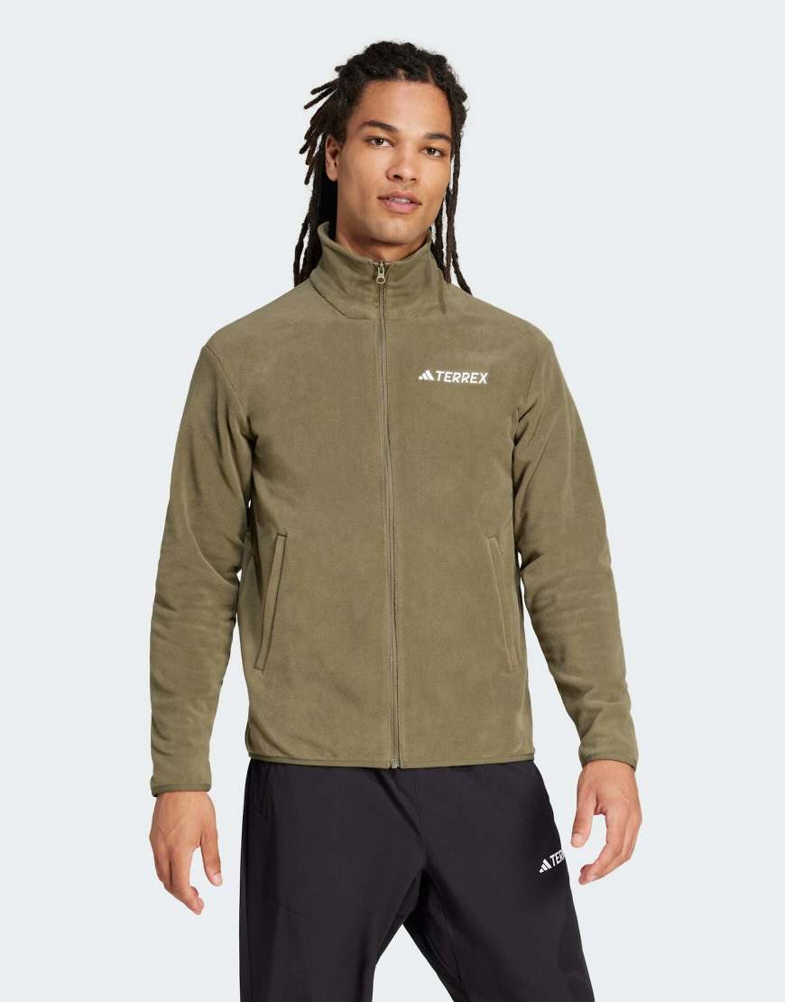 adidas Performance - Multi Essentials - Fleece-Jacke in Olive Strata mit durchgehendem Reißverschluss-Grün von adidas performance