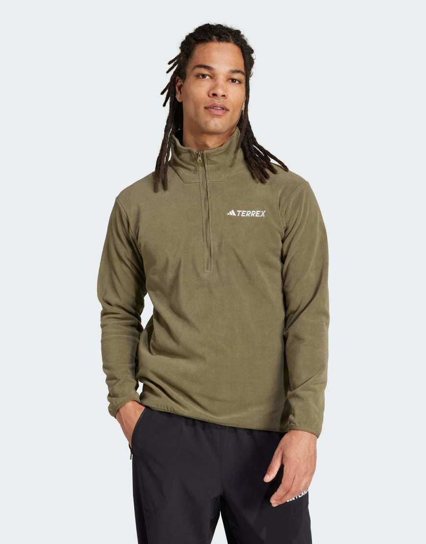 adidas Performance - Multi Essentials - Fleece-Jacke in Olive Strata mit kurzem Reißverschluss-Grün von adidas performance